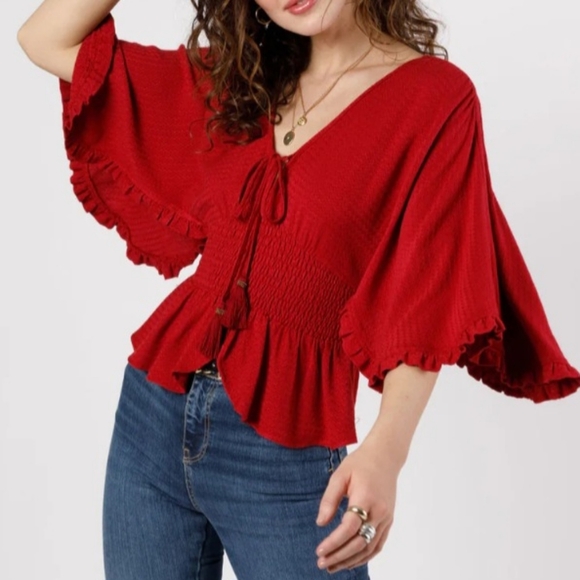NWT Band of the Free Size Large Red Kacey Split Sleeve Peplum Blouse Bohemian - Picture 16 of 16